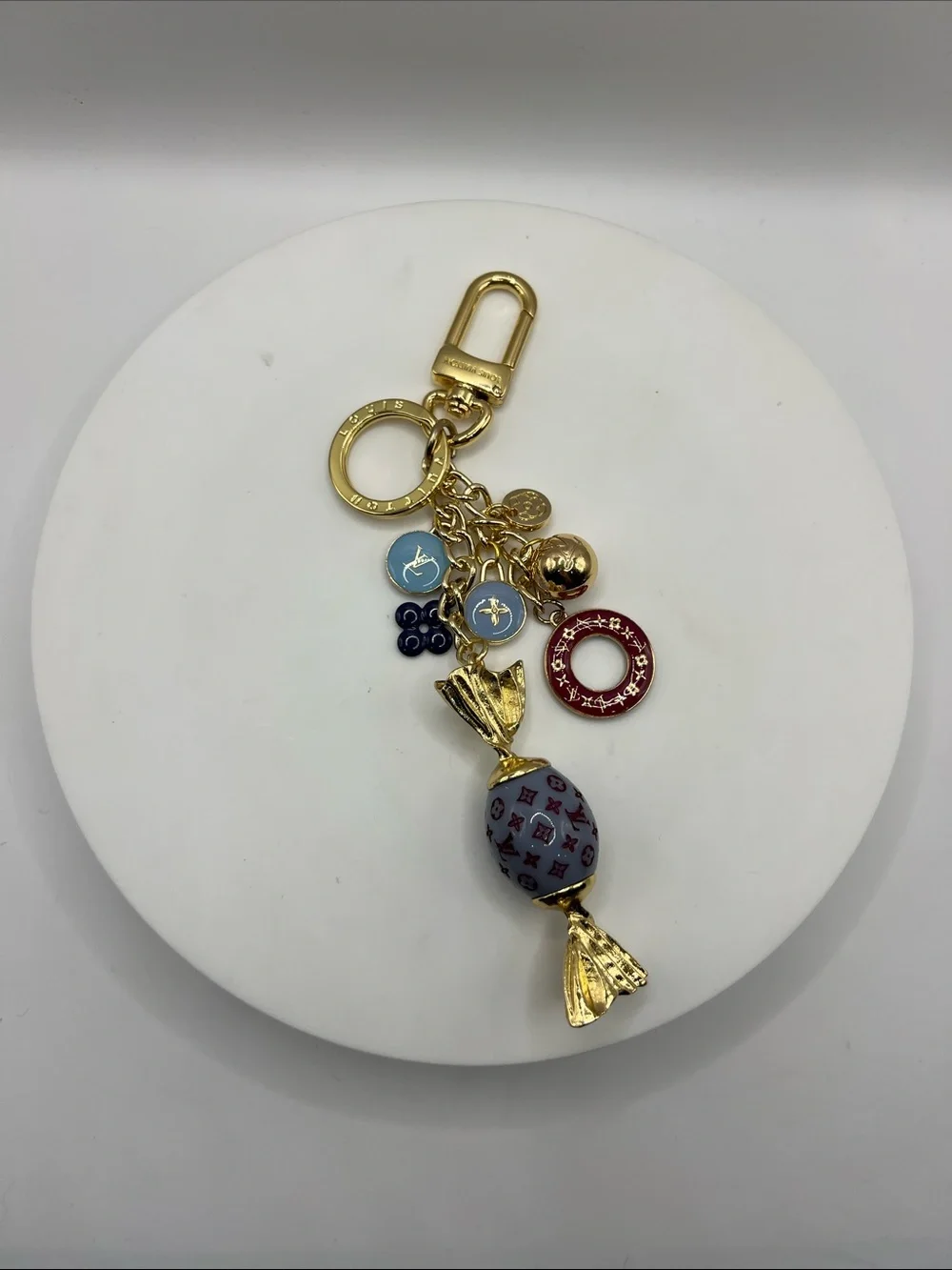1475. Gold-Tone Charm Keyring  or Bag Charm with Multicolor Enamel Accents